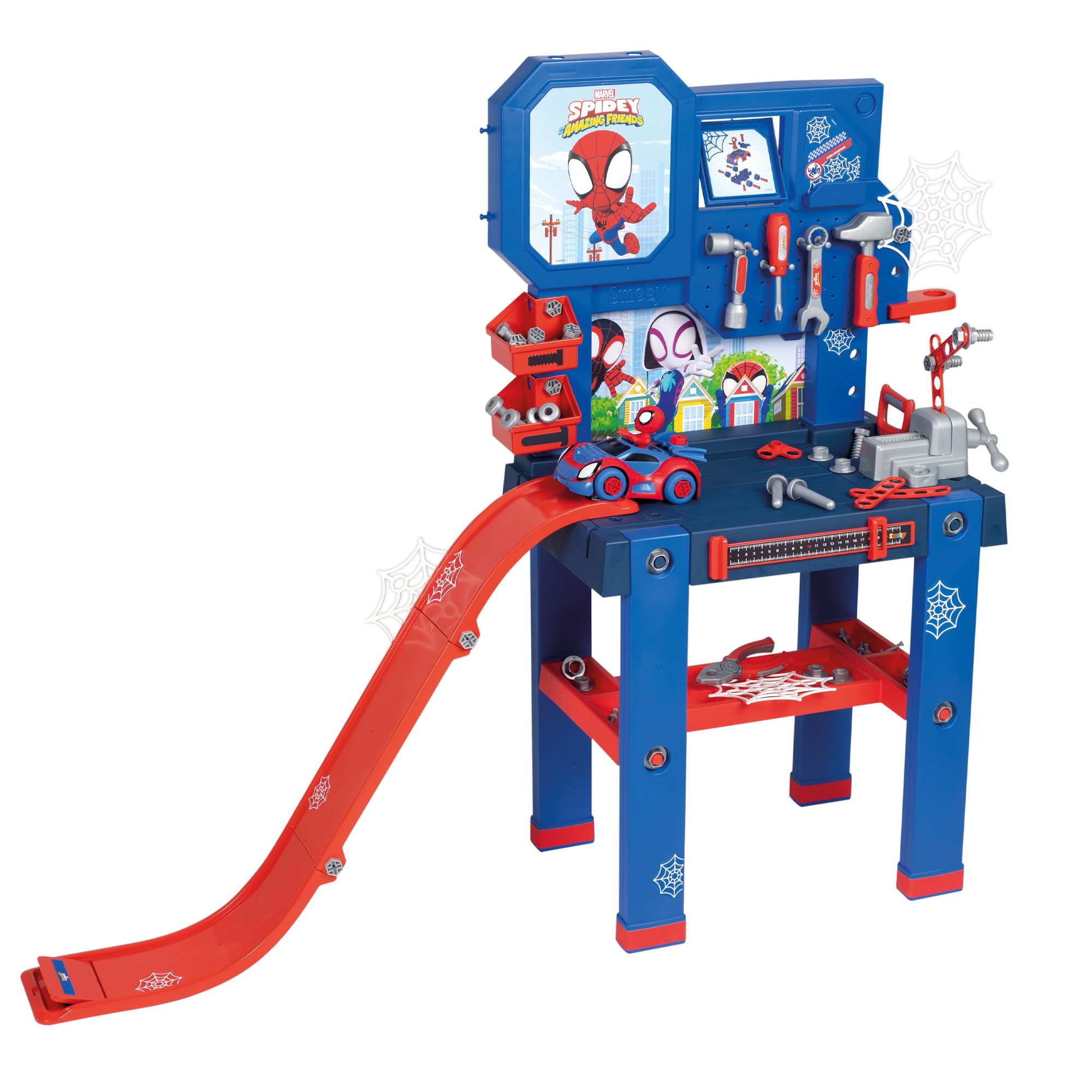 smoby-spidey-werkbank-mit-sprungschanze-und-raupenfahrzeug-60-teile image 1