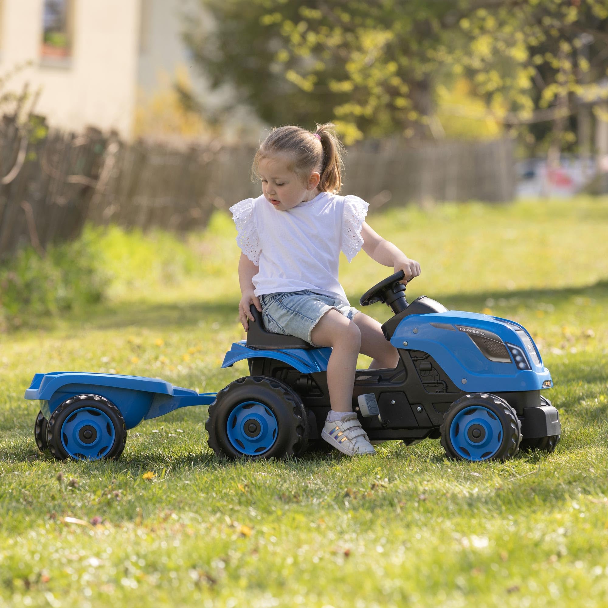 smoby-claas-farmer-xl-trettraktor-blau-mit-anh-nger-und-hupe image 4