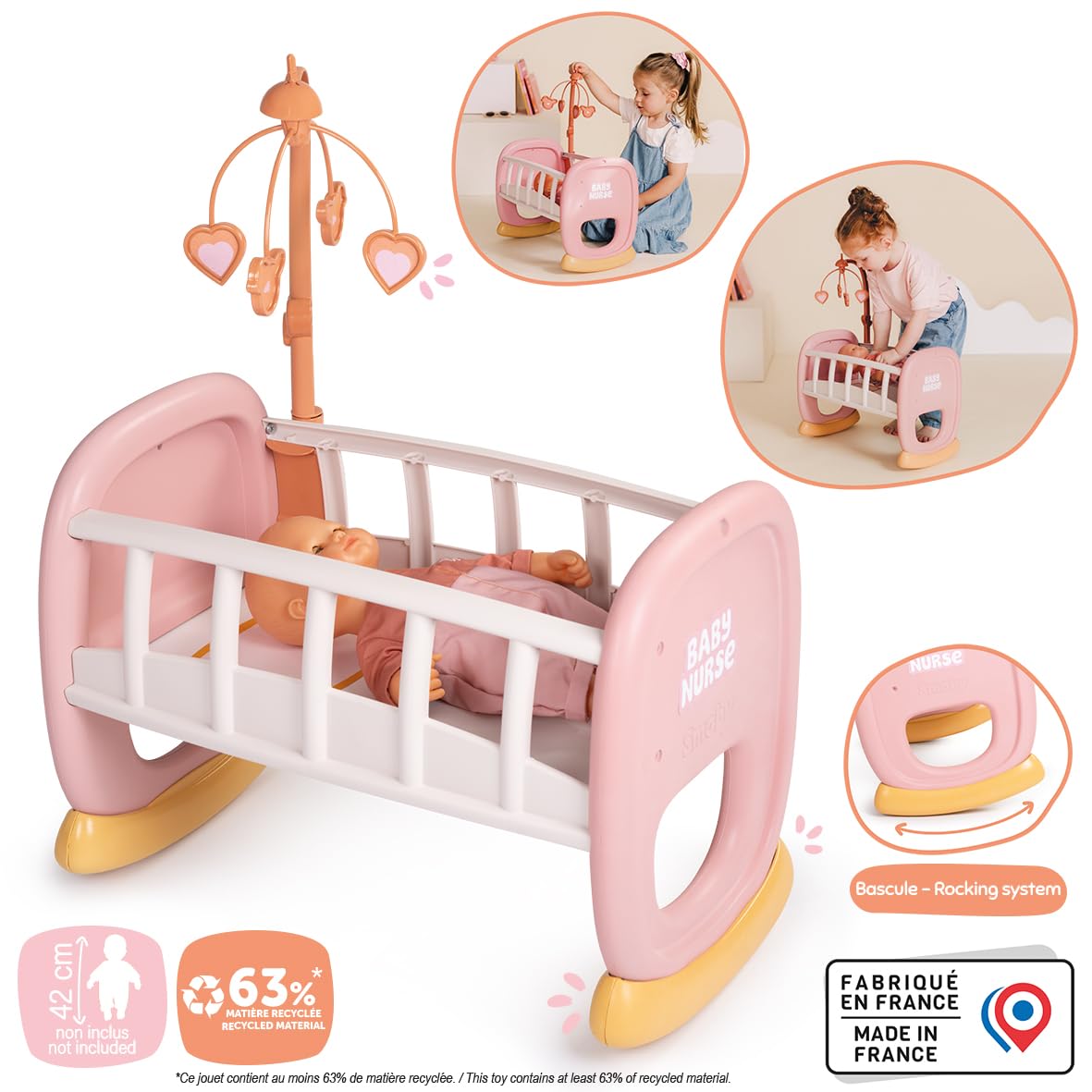 smoby-baby-nurse-puppenwiege-puppenbett-rosa-mit-mobile image 2